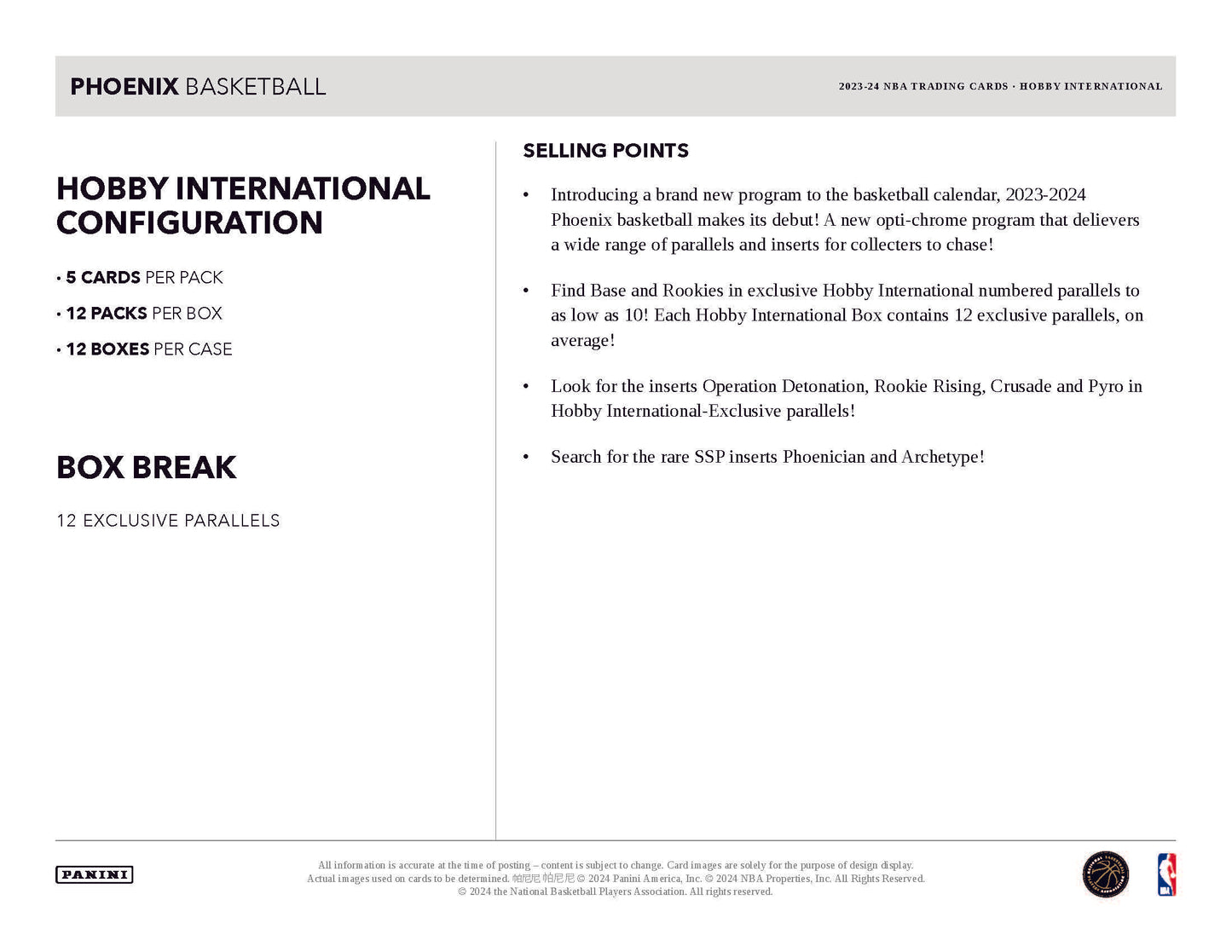 2023-24 Panini Phoenix Basketball International Hobby Box